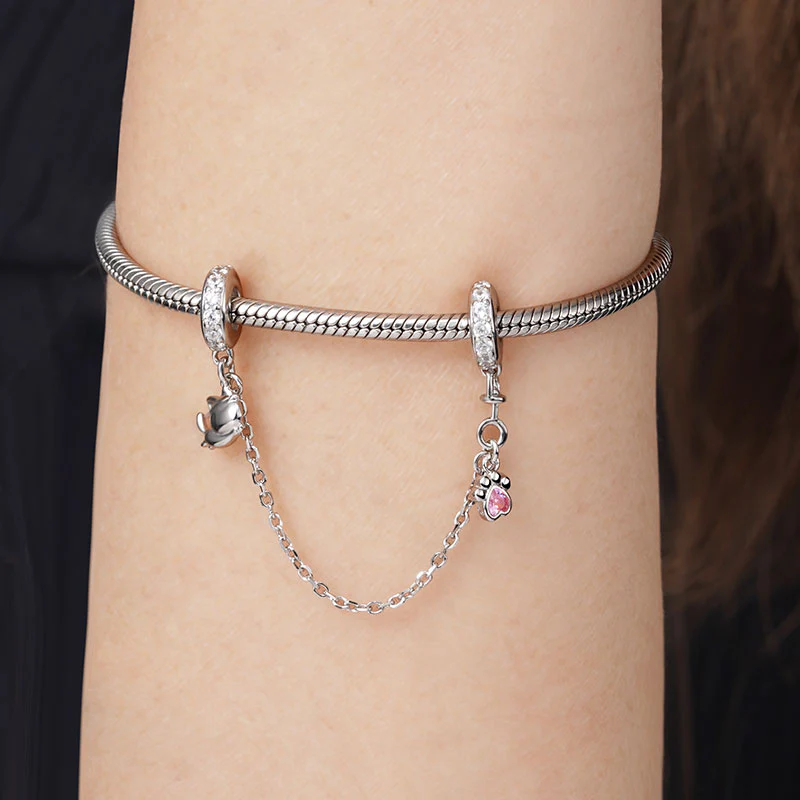 Cat & Paw Safety Chain 925 Sterling Silver Inlaid with Clear and Pink Gemstones - Image 3