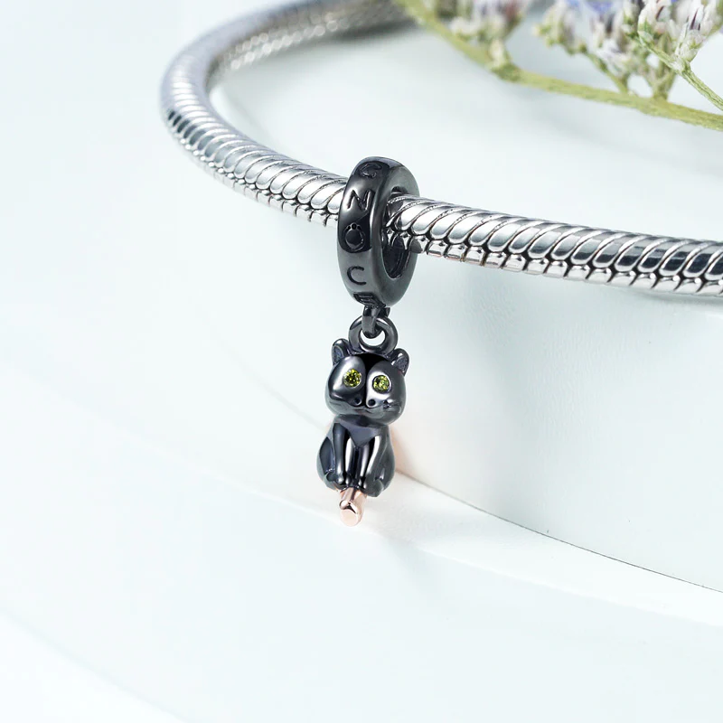 Black Cat Riding Broom Pendant Dangle Charm 925 Sterling Silver Two-tone Plating - Image 2