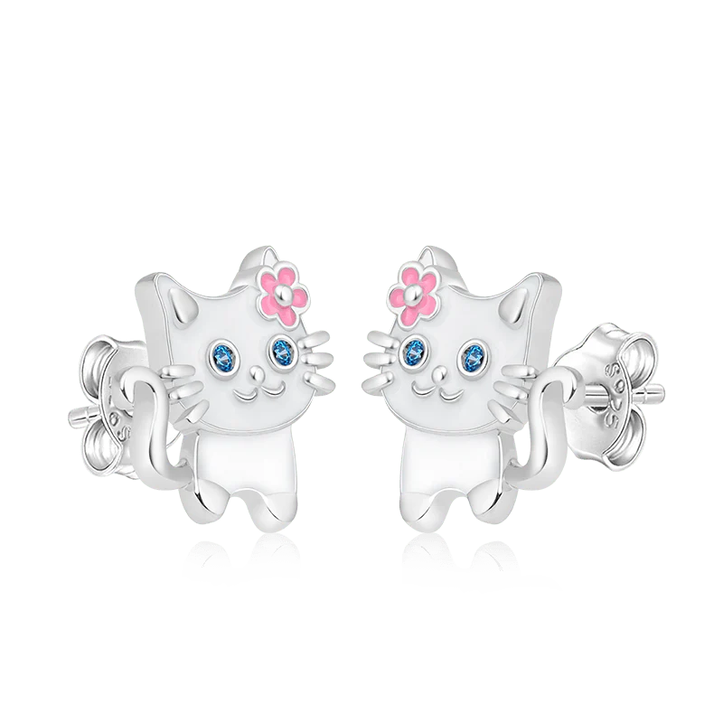 Gnoce White Cat Wears Flower Earrings Platinum-plated Silver Blend