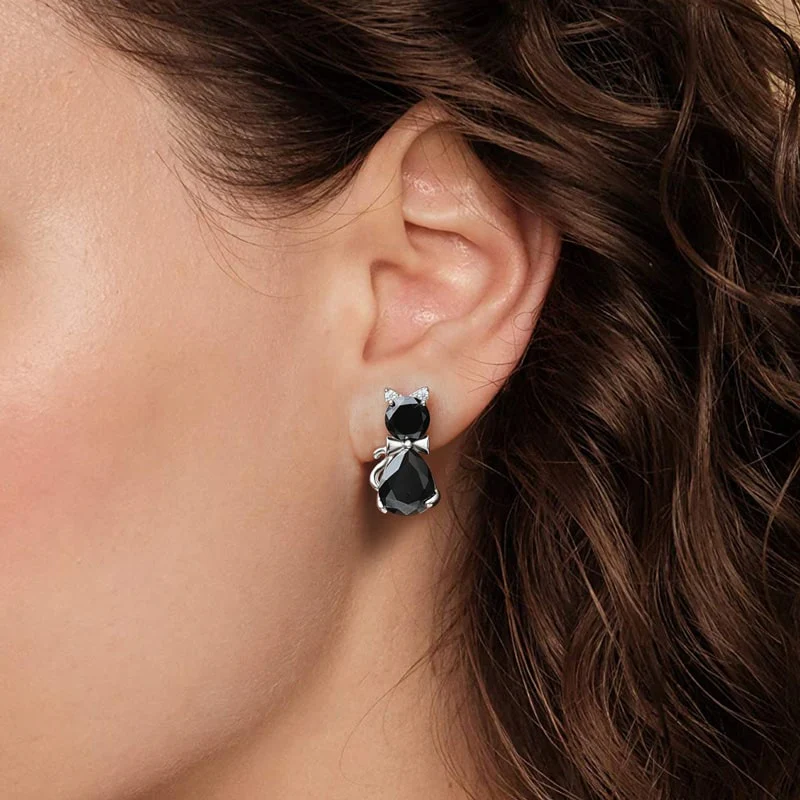 Gnoce Sparkling Black Cat Stud Earrings Platinum-plated Silver Blend - Image 3