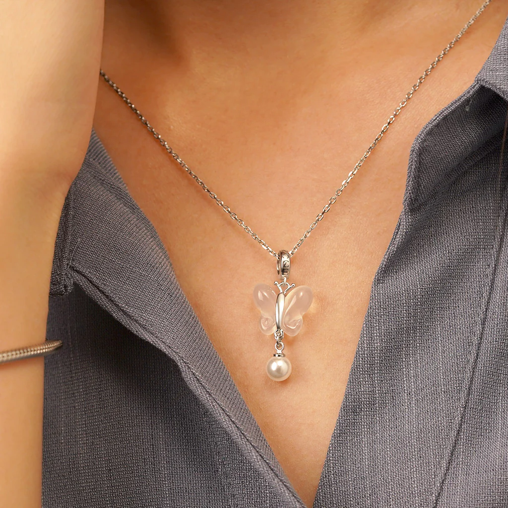 Gnoce Chalcedony Butterfly Pearl Pendant Dangle Charm - Image 5