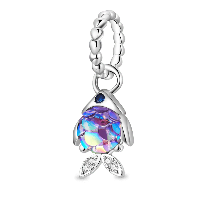 Cheerful Fish Pendant Dangle Charm 925 Sterling Silver with Glitter Resin & Clear Gemstones