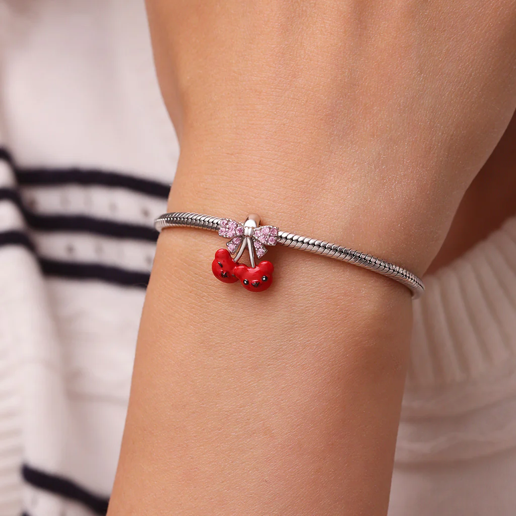 Gnoce Bow-knot Cherry Bear Charm Platinum-plated Silver Blend - Image 5
