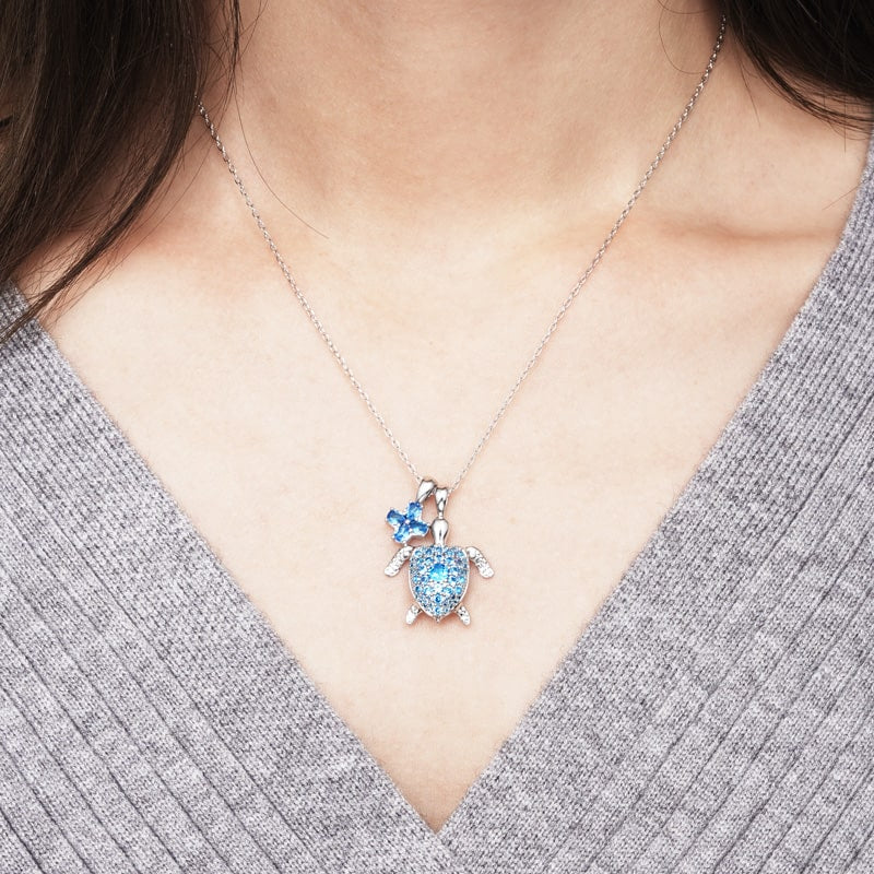 Cherry Blossom & Sea Turtle Necklace Copper Inlaid with Blue Gemstones - Image 4
