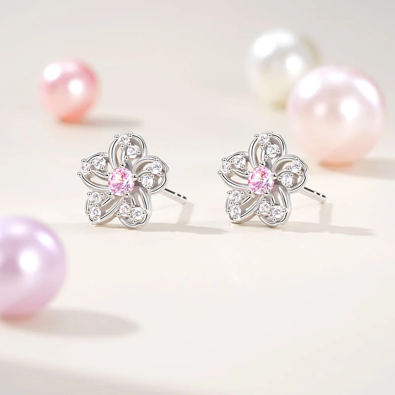 Gnoce Sparkling Cherry Blossoms Stud Earrings Platinum-plated Silver Blend - Image 2