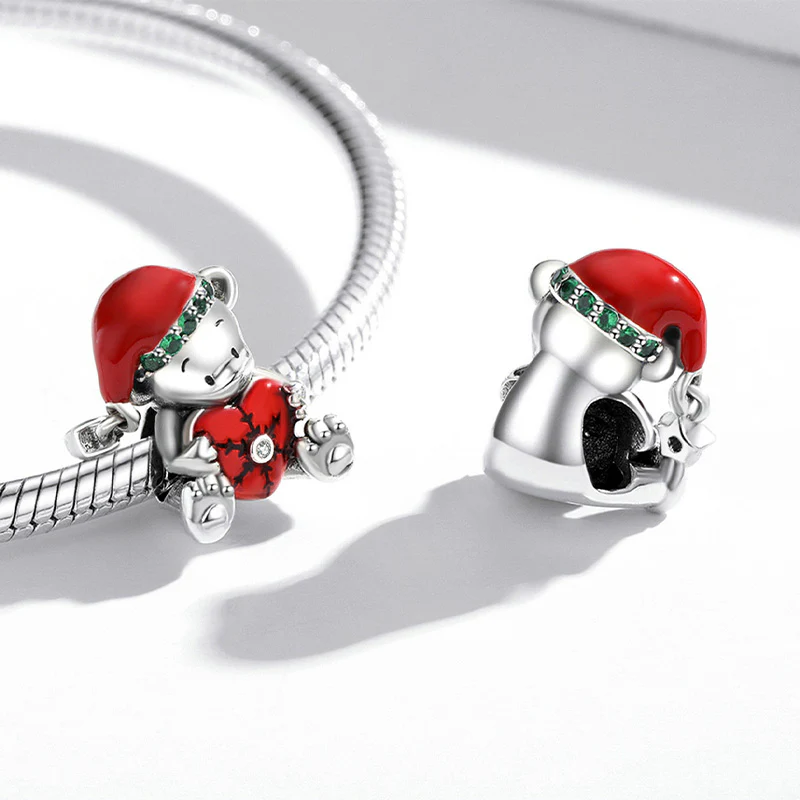 Christmas Bear Embrace Red Heart Charm Bead 925 Sterling Silver - Image 2