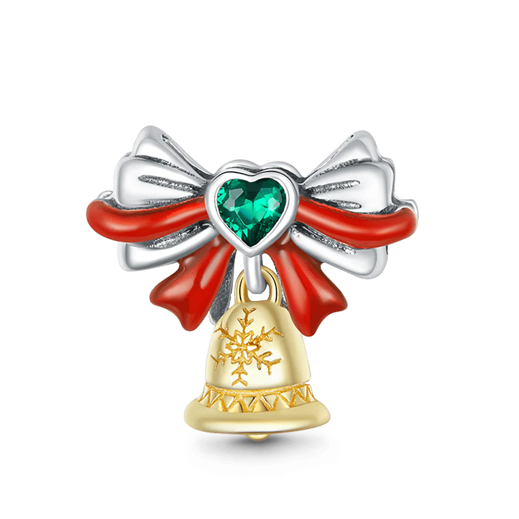 Christmas Bell Pendant Dangle Charm 925 Sterling Silver 18K Gold Plated Inlaid with Heart Shaped Zircon Stone