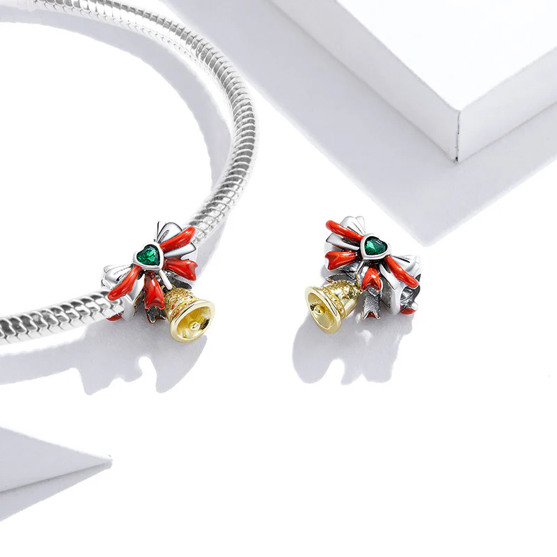 Christmas Bell Pendant Dangle Charm 925 Sterling Silver 18K Gold Plated Inlaid with Heart Shaped Zircon Stone - Image 2
