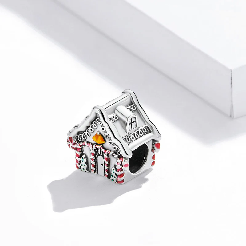Christmas House Charm Bead 925 Sterling Silver with Candy Cane Element - Image 2