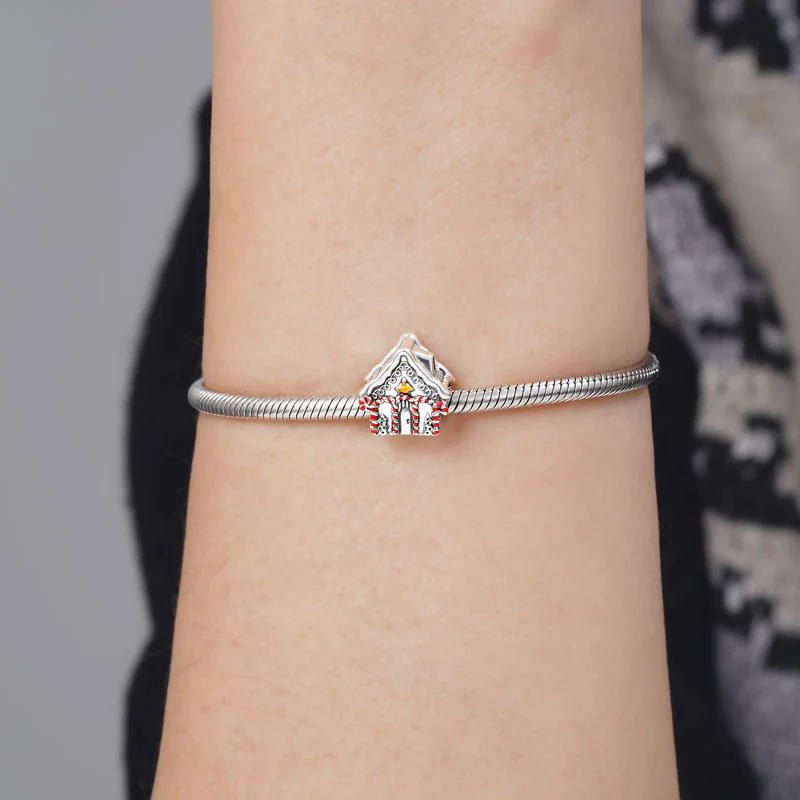 Christmas House Charm Bead 925 Sterling Silver with Candy Cane Element - Image 3