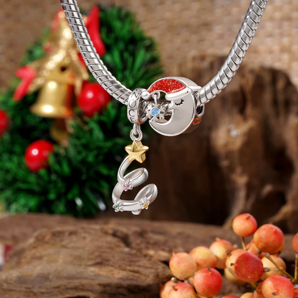 Gnoce Christmas Engravable Moon Birthstone Snowflake Charm Platinum-plated Silver Blend - Image 4