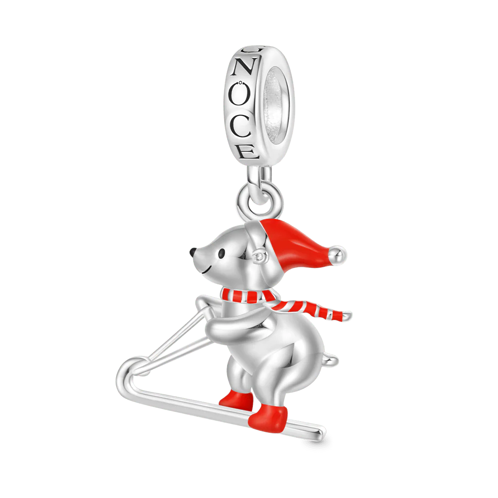 Gnoce Christmas Skiing Polar Bear Charm Platinum-plated Silver Blend