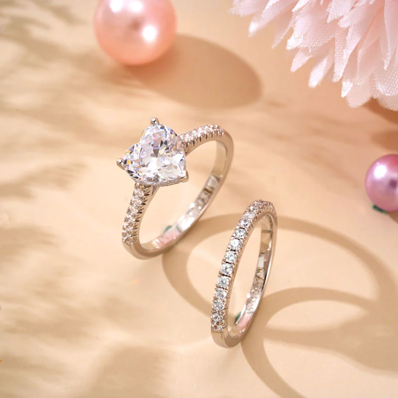 Gnoce Double Clear Heart Cut Ring Set Platinum-plated Silver Blend - Image 3