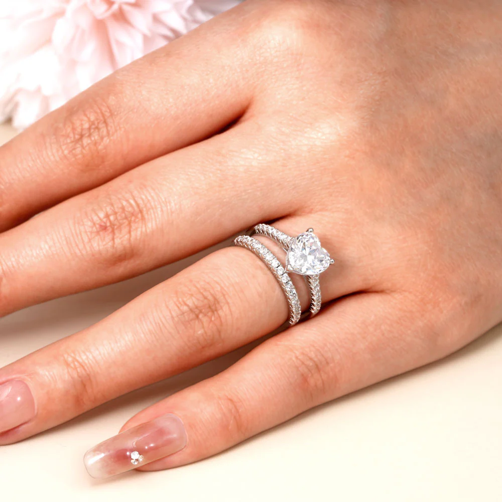 Gnoce Double Clear Heart Cut Ring Set Platinum-plated Silver Blend - Image 4