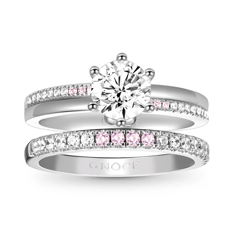 Gnoce Double Clear Round Cut Stackable Ring Platinum-plated Silver Blend