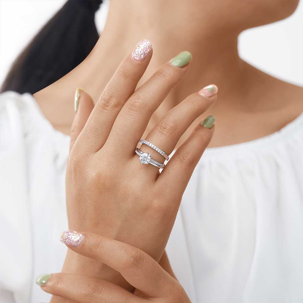 Gnoce Double Clear Round Cut Stackable Ring Platinum-plated Silver Blend - Image 4