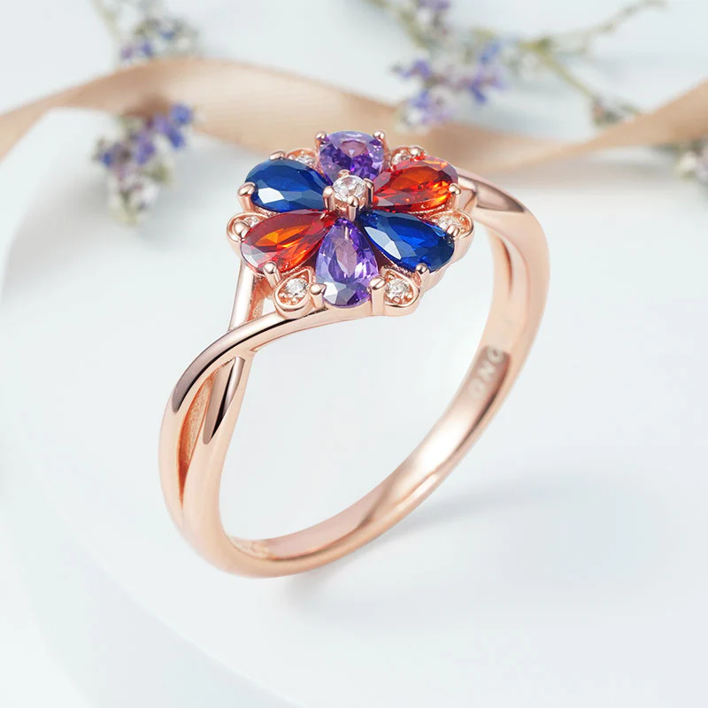 Gnoce Color Flower Gems Fashion Ring Platinum-plated Silver Blend - Image 4