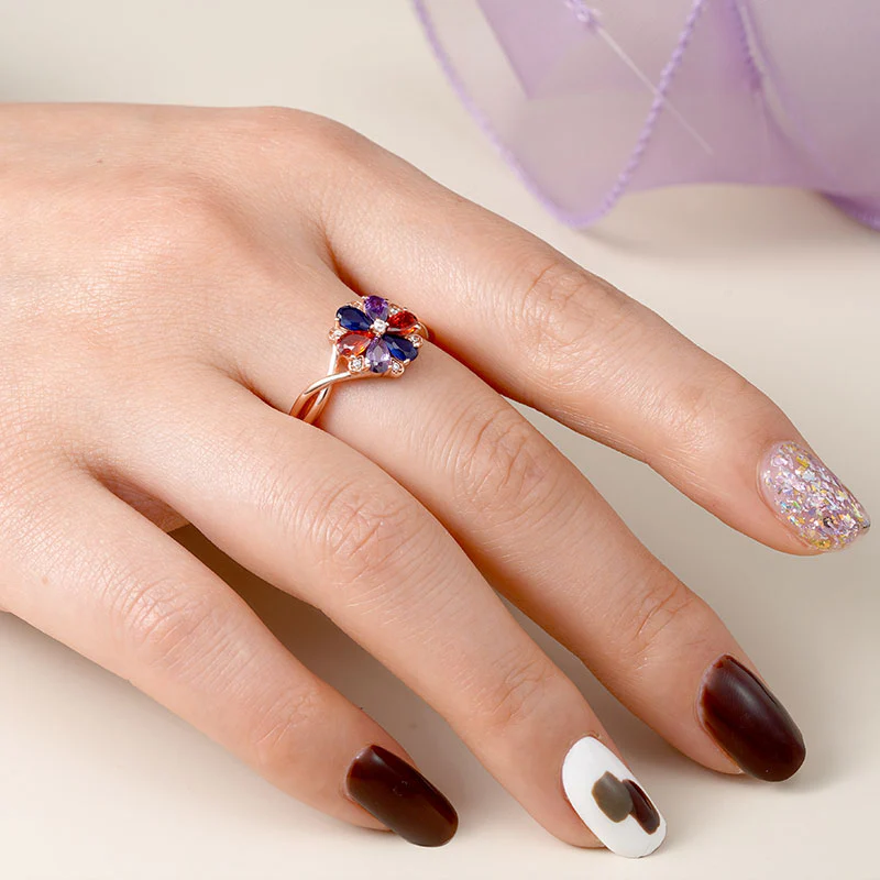Gnoce Color Flower Gems Fashion Ring Platinum-plated Silver Blend - Image 5