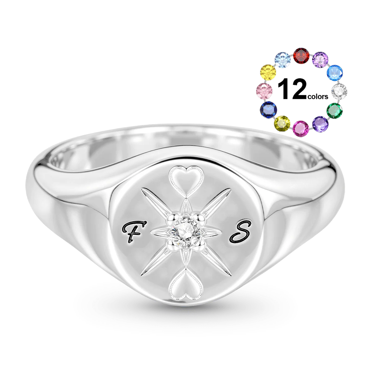 Gnoce Custom Compass Heart Birthstone Signet Ring