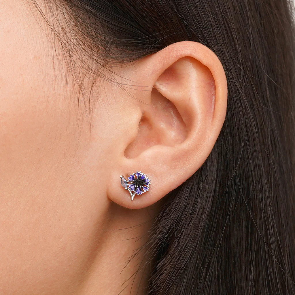 Gnoce Birthday Flower Series Cornflower Stud Earrings Platinum-plated Silver Blend - Image 5