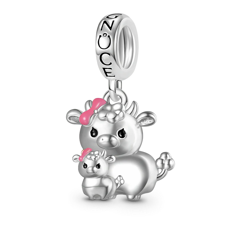 Gnoce Embrace Love Cow & Baby Charm Platinum-plated Silver Blend