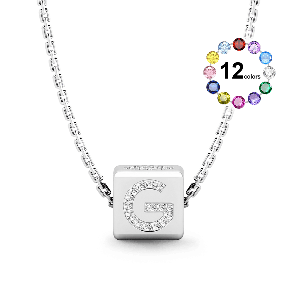 Gnoce Cube Necklace with Personalized Initial and Birthstone