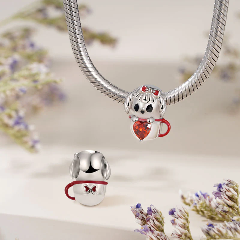 Gnoce Cute Teacup Dog Embraces Heart Charm Platinum-plated Silver Blend - Image 2
