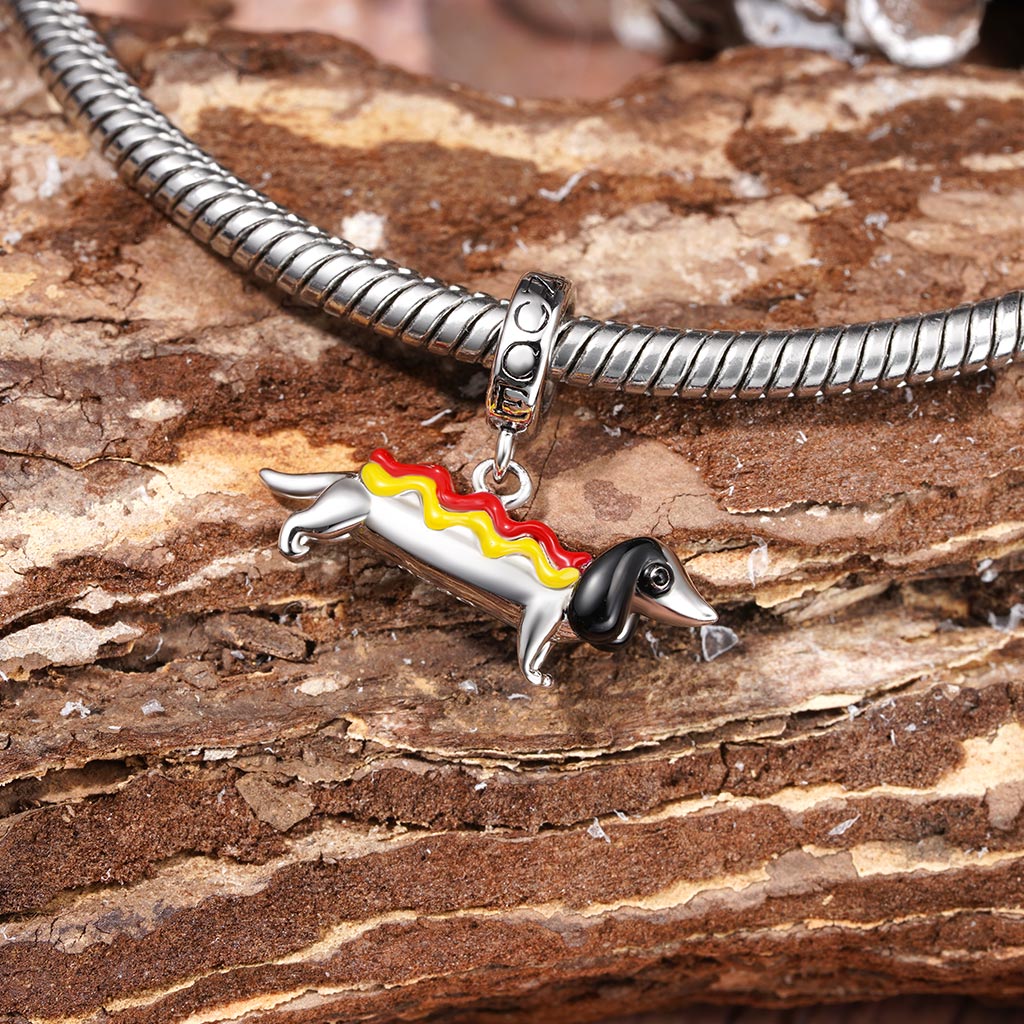 Gnoce Dachshund Dog in Hot Dog Costume Charm Platinum-plated Silver Blend - Image 3