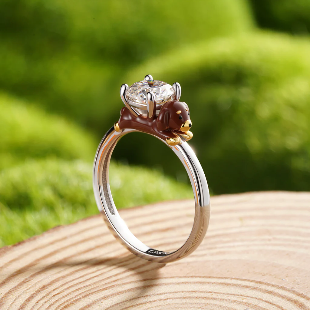 Gnoce Dachshund Dog Embraces Moissanite Ring Platinum-plated Silver Blend - Image 7