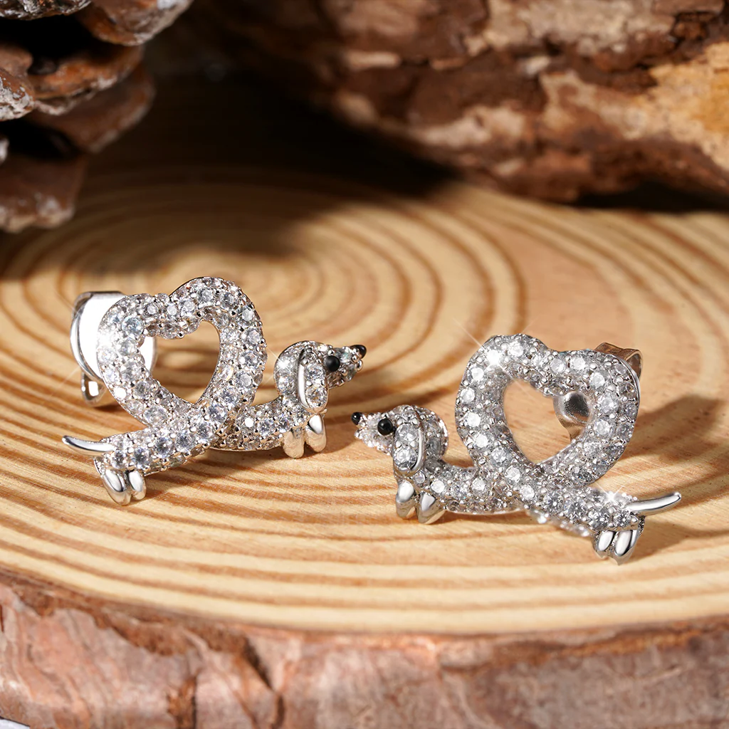Gnoce Dachshund Heart Diamond Earrings Platinum-plated Silver Blend - Image 3