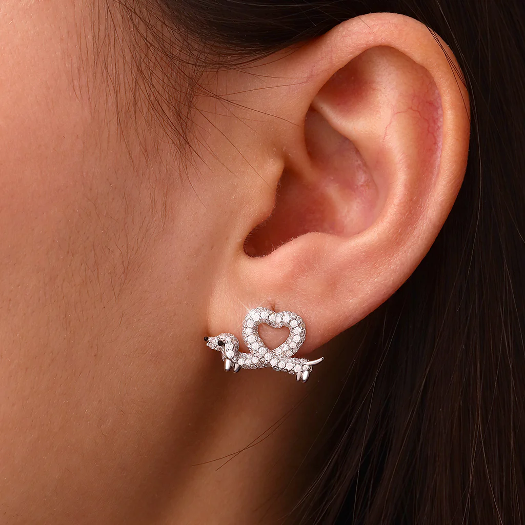 Gnoce Dachshund Heart Diamond Earrings Platinum-plated Silver Blend - Image 5
