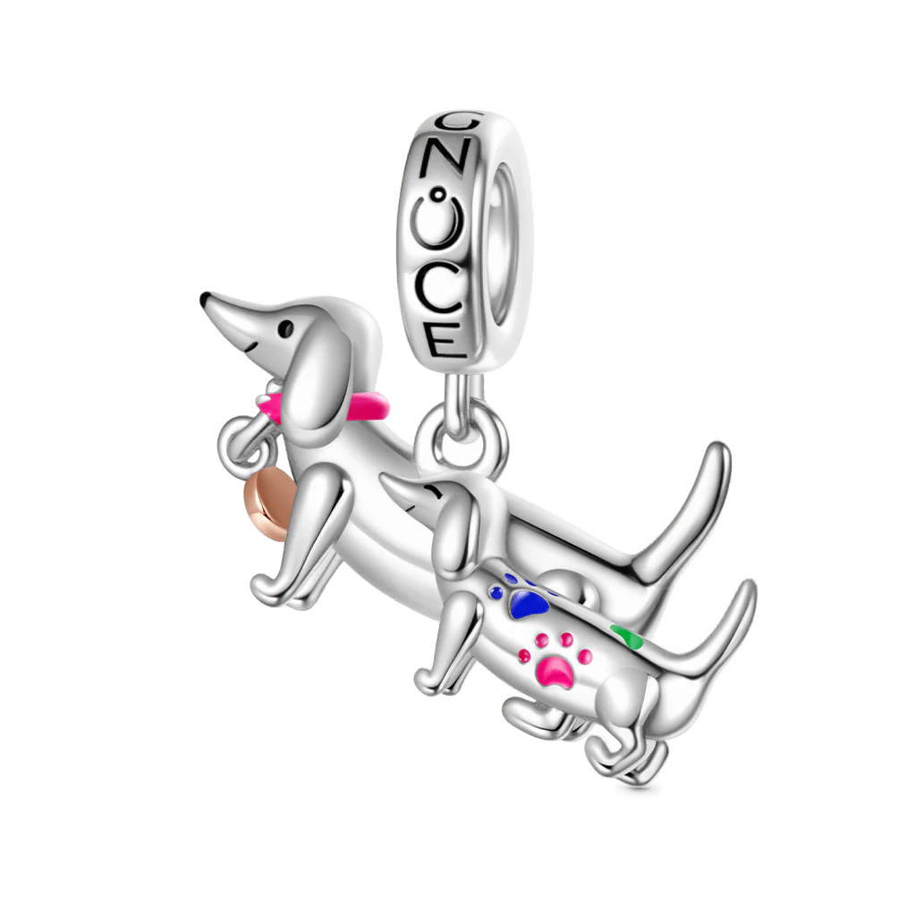 Gnoce Dachshund Mother Child Tender Moment Charm Platinum-plated Silver Blend