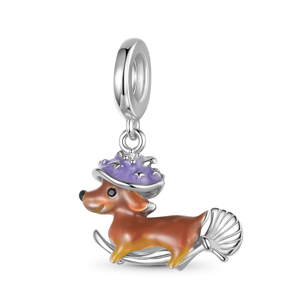 Gnoce Halloween Magic Dachshund Riding Broom Pendant Dangle Charm