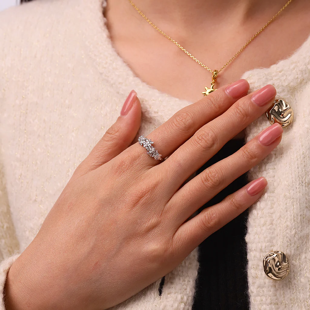 Gnoce Delicate Flower Cluster Ring Platinum-plated Silver Blend - Image 4