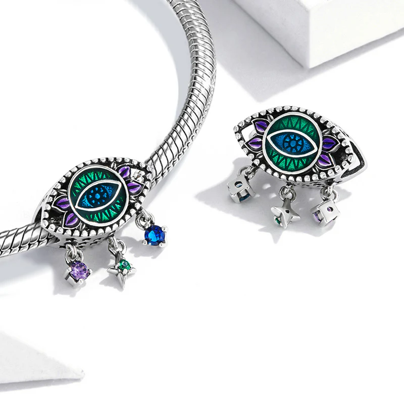 Devil's Eye Charm Bead 925 Sterling Silver with Green & Purple Enamels - Image 2