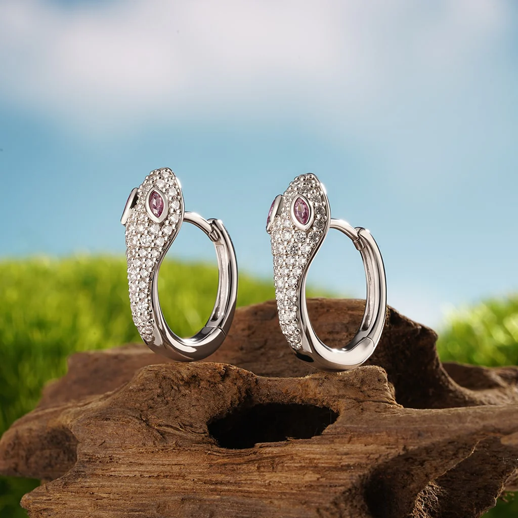 Gnoce White Diamond Snake Huggie Hoop Earrings Platinum-plated Silver Blend - Image 3