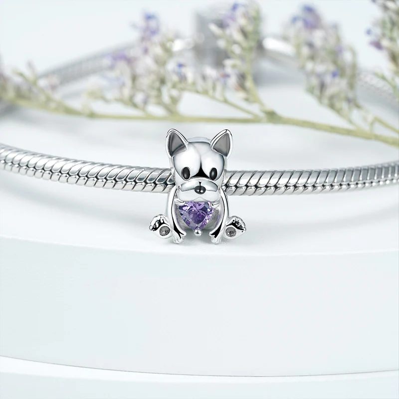 Cute Dog Embraces Heart Gemstone Charm Bead 925 Sterling Silver - Image 2