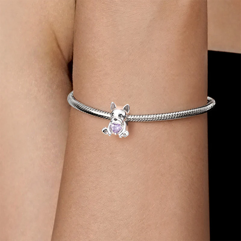 Cute Dog Embraces Heart Gemstone Charm Bead 925 Sterling Silver - Image 4