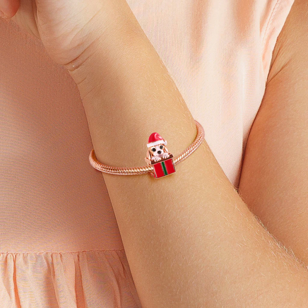 Dog with Gift Box Charm Bead Sterling Silver 18k Rose Gold Plated for Christmas - Image 3