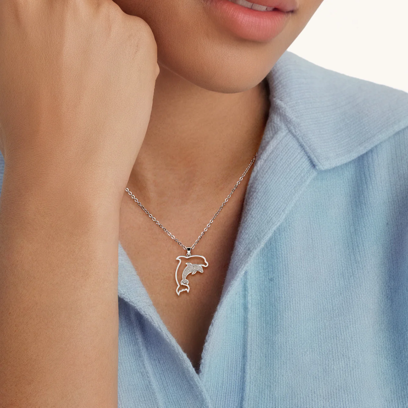 Gnoce Dolphin Necklace Mother & Baby Dolphin Pendant with Customizable Birthstone - Image 2
