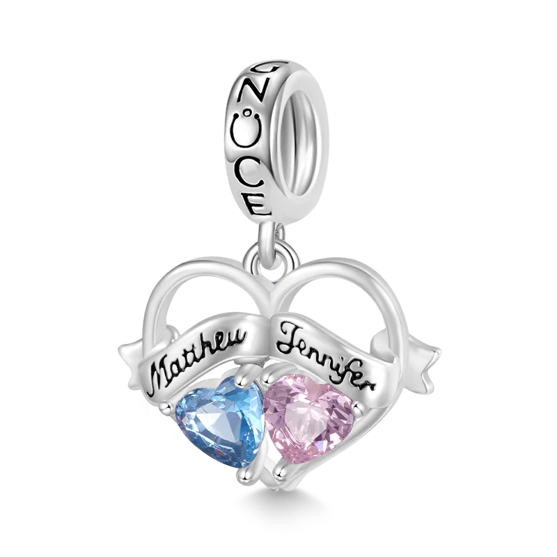 Gnoce Double Heart Engravable Name Birthstone Charm Platinum-plated Silver Blend
