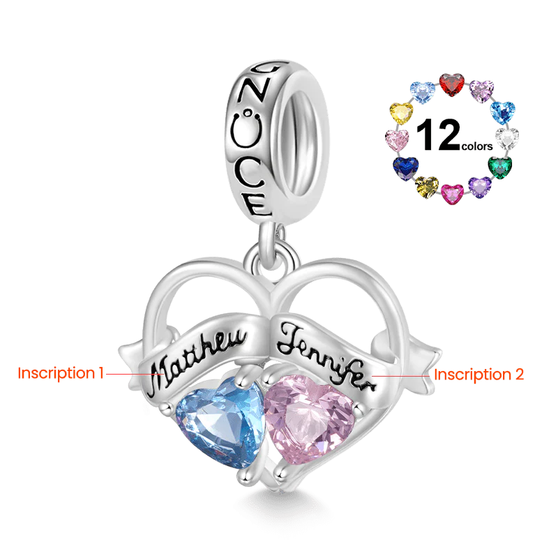 Gnoce Double Heart Engravable Name Birthstone Charm Platinum-plated Silver Blend - Image 2