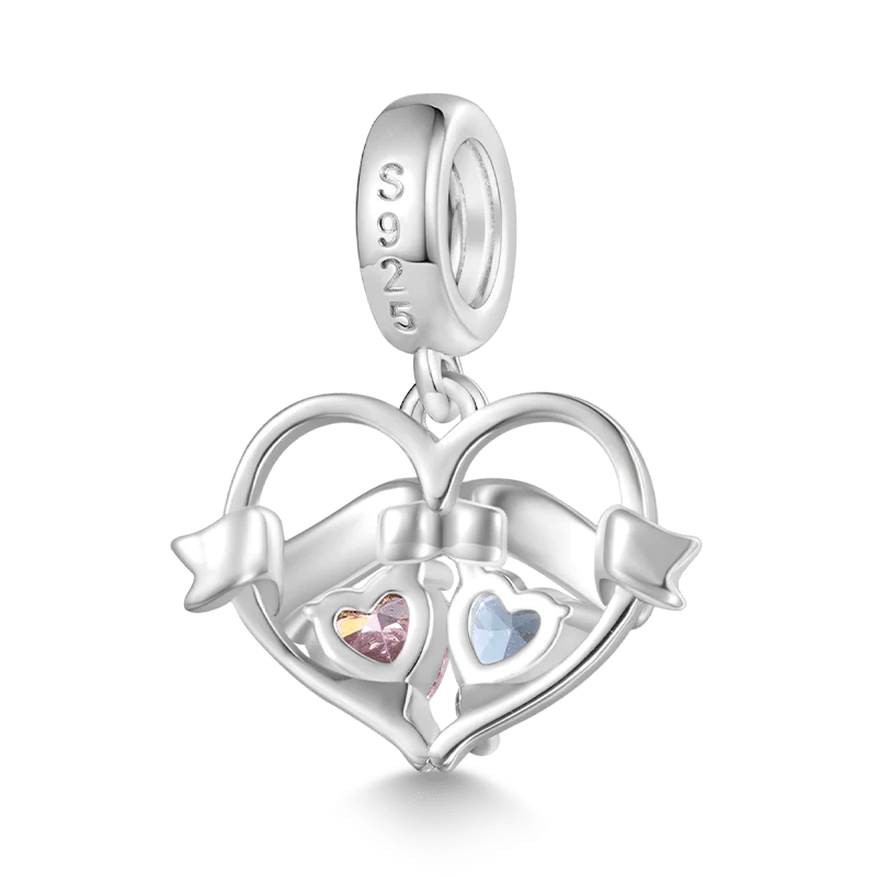 Gnoce Double Heart Engravable Name Birthstone Charm Platinum-plated Silver Blend - Image 3