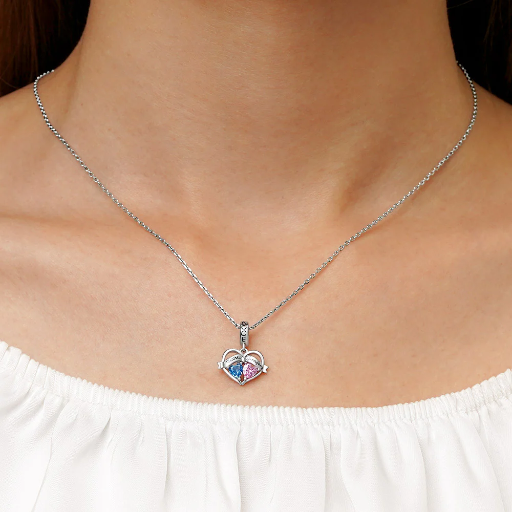 Gnoce Double Heart Engravable Name Birthstone Charm Platinum-plated Silver Blend - Image 5