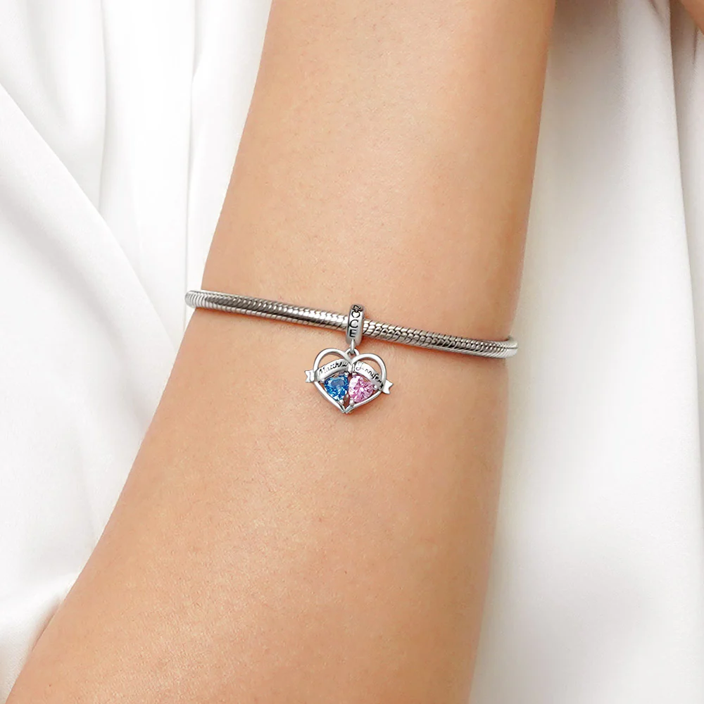 Gnoce Double Heart Engravable Name Birthstone Charm Platinum-plated Silver Blend - Image 7