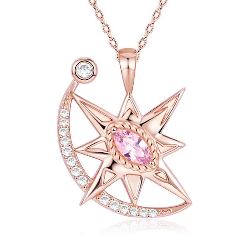 Eight-pointed Star with Moon Necklace Copper 18K Rose Gold Plated Inlaid with Pink & Clear Gemstones