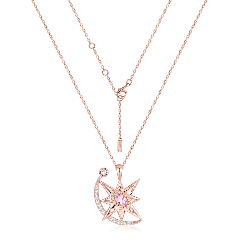 Eight-pointed Star with Moon Necklace Copper 18K Rose Gold Plated Inlaid with Pink & Clear Gemstones - Image 2