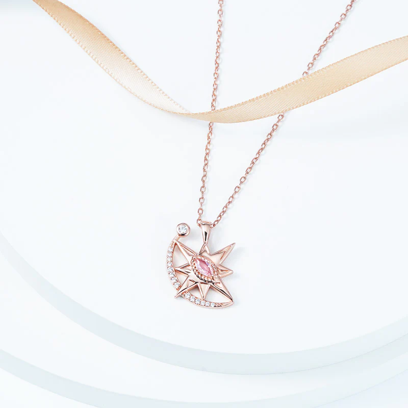 Eight-pointed Star with Moon Necklace Copper 18K Rose Gold Plated Inlaid with Pink & Clear Gemstones - Image 3