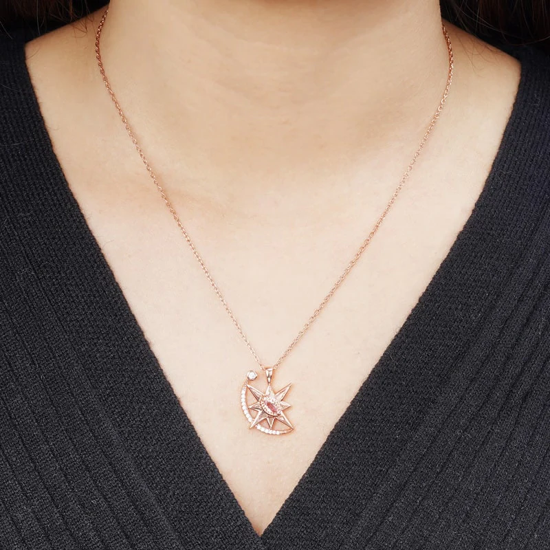 Eight-pointed Star with Moon Necklace Copper 18K Rose Gold Plated Inlaid with Pink & Clear Gemstones - Image 4