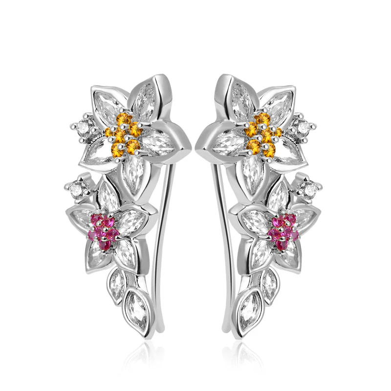 Elegant Flowers Climbers Earrings with Silver Plated Brass - Image 2